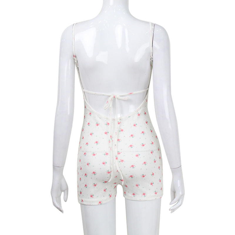 Women's New Spaghetti-strap Floral Print One-piece Shorts For Women