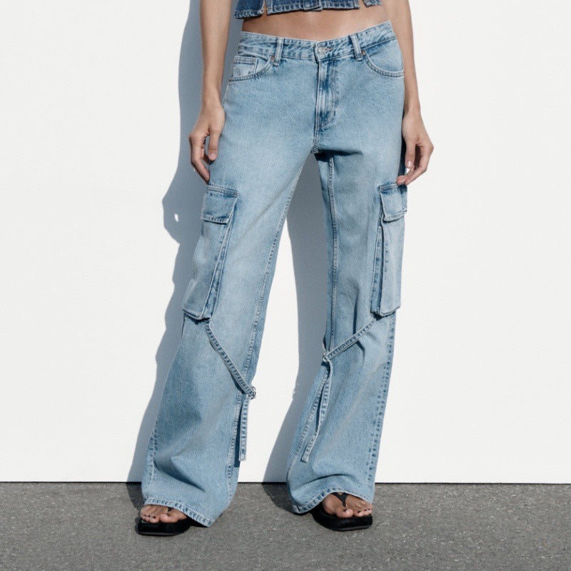 Women's Fashion Loose Strap Accessories Mid Waist Cargo Jeans