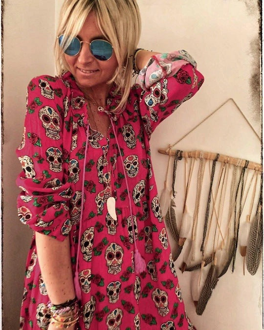 Aliexpress Amazon Halloween Skull Print Long Sleeve Big Poses Dress