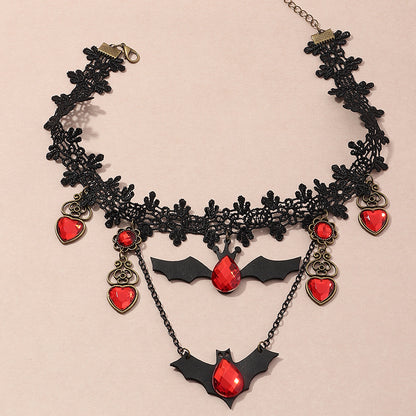 Gothic Jewelry Red Bat Halloween Necklace Lace Choker Necklace For Women Nightmare Before Christmas Black Layered Necklace