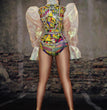 Party Costumes Catwalk Pearl Puff Sleeve Abstract Print One-Piece Female Costumes