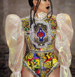 Party Costumes Catwalk Pearl Puff Sleeve Abstract Print One-Piece Female Costumes