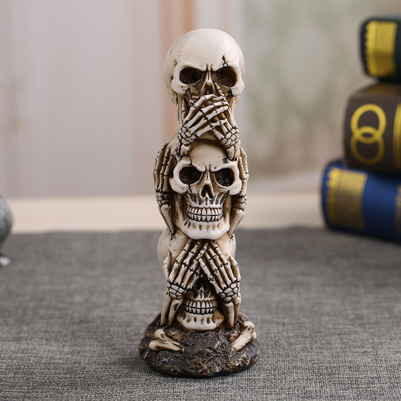 Hear-no See-no Speak-no Evil Skull Statue SculptureFigure Skeleton Stacked Skulls For Halloween Decoration Skull Collection
