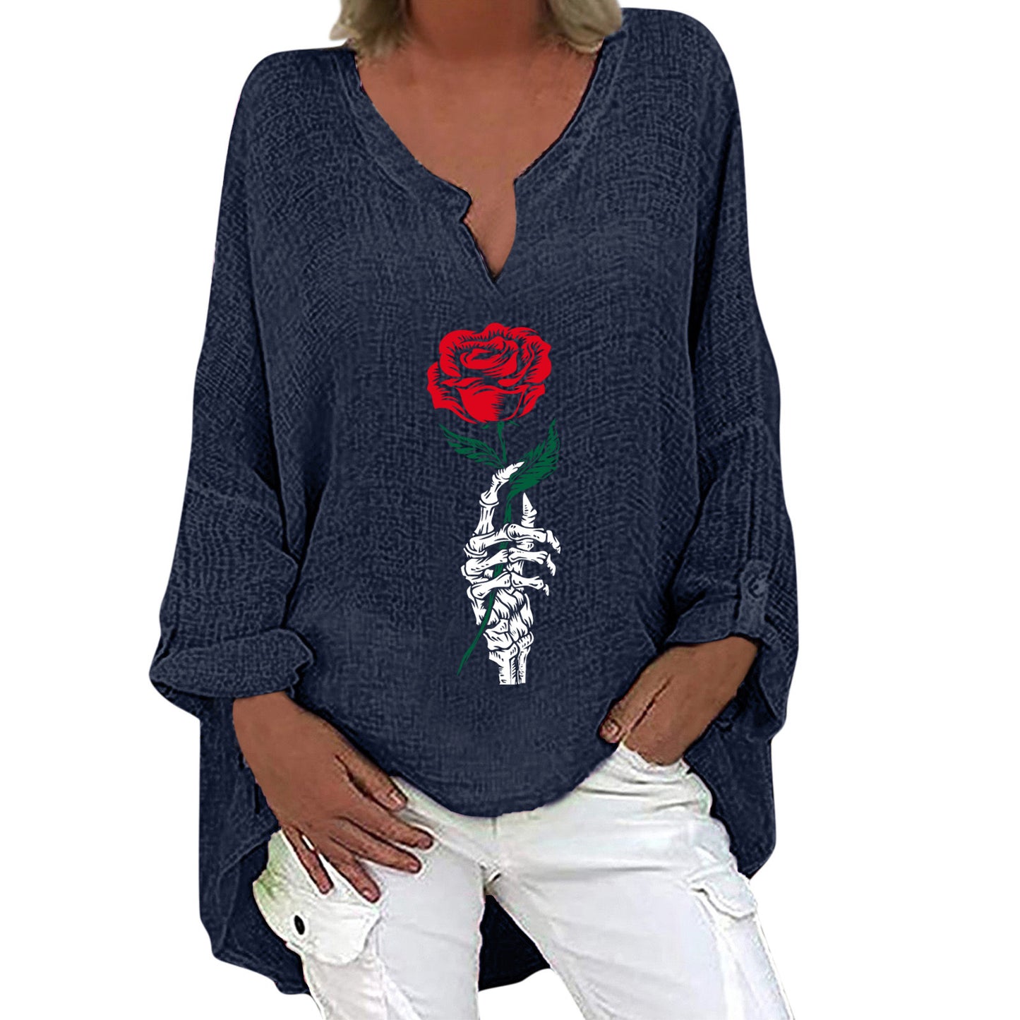 Halloween Themed Print V-neck Cotton Linen Long Sleeve Shirt For Women