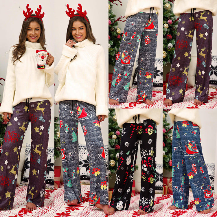 Christmas Printed Stitching Tied Casual Wide-leg Pants