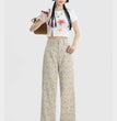 Vintage Floral High Waist Jeans Women's Wide Leg Straight Casual Pants