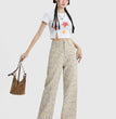 Vintage Floral High Waist Jeans Women's Wide Leg Straight Casual Pants