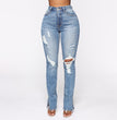 Split Jeans Women's, Blue Water Washed Hole High Waist
