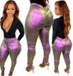 Women's Fashion Gradient Button Bright Leather Pencil Pants