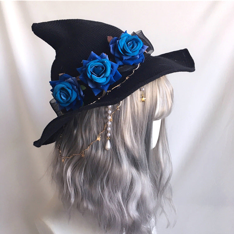 Lolita Velvet Witch Hat Halloween Wide Brim Rose Witch Hat