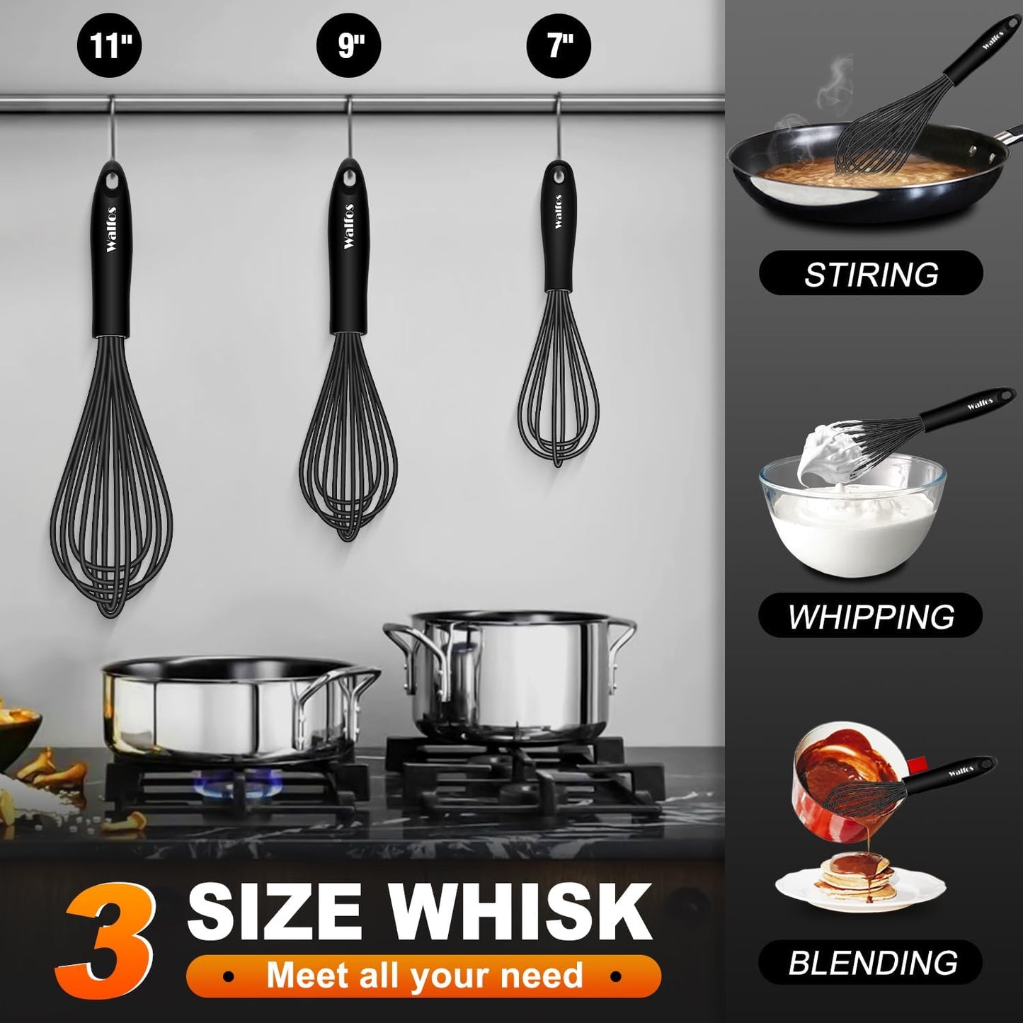 Silicone Whisk,Stainless Steel Wire Whisk Set of 3 -Heat Resistant 480°F Kitchen Whisks for Non-Stick Cookware,Balloon Egg Beater Perfect for Blending,Whisking,Beating,Frothing & Stirring,Black