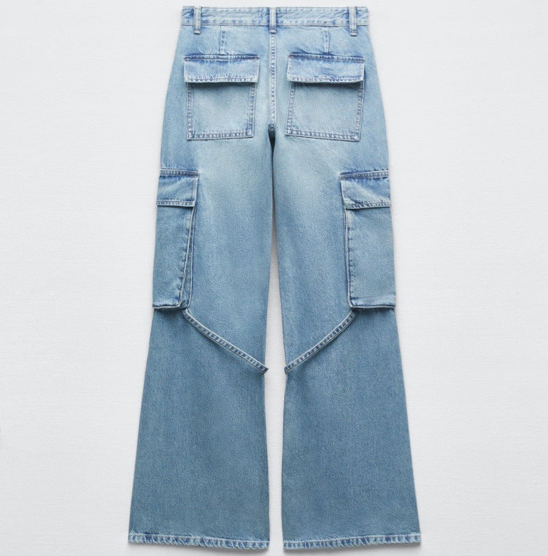 Women's Fashion Loose Strap Accessories Mid Waist Cargo Jeans