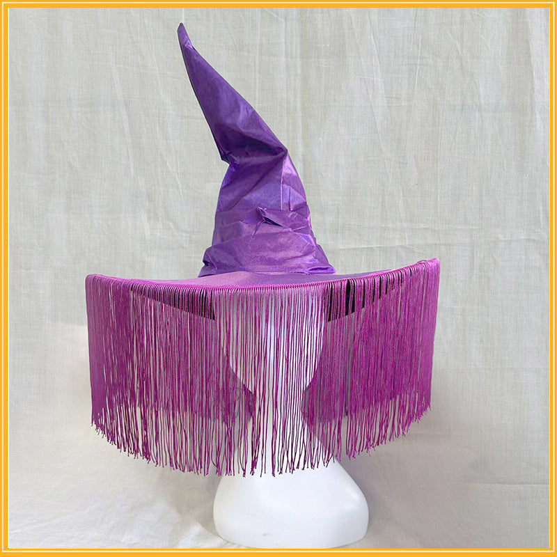 Purple Pleated Halloween Party Witch Adult Tassel Cover Face Mysterious Black Color & Pleats Curved Hat
