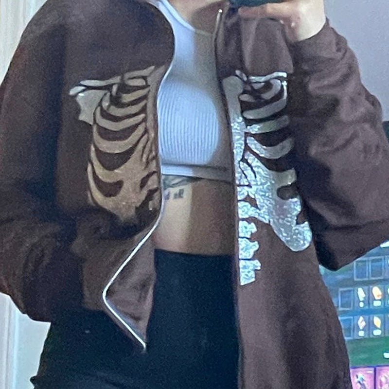 European And American Halloween Skull Print Pullover Hooded Zip Cardigan