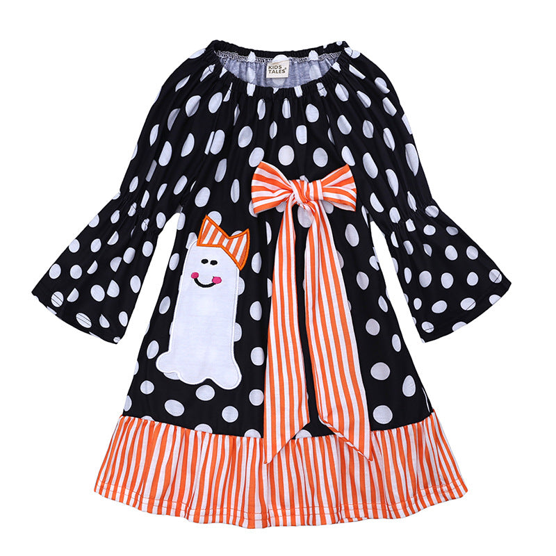 Long Sleeve Girls Halloween Dress Black Pumpkin Ghost