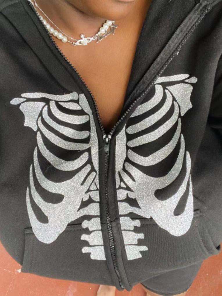 European And American Halloween Skull Print Pullover Hooded Zip Cardigan