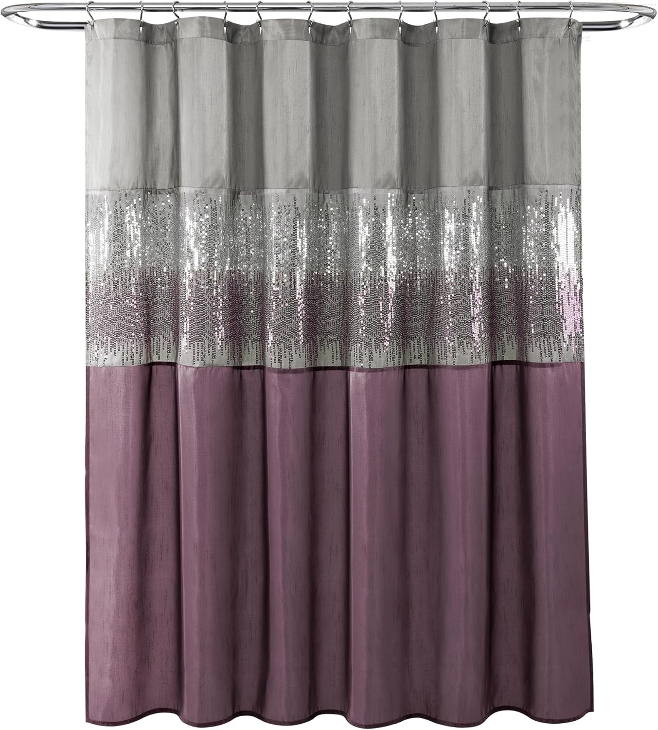 Night Sky Shower Curtain, Single, 72" W X 72" L, Gray & Purple - Sequin Shower Curtain - Sparkly Color Block Bath Curtain - Modern Glam Bathroom Decor