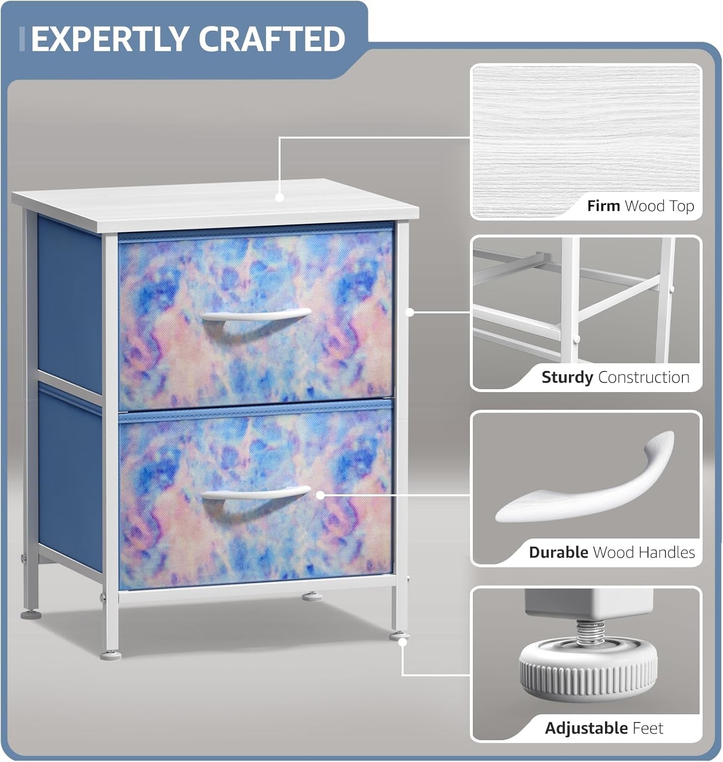 Nightstand with 2 Drawers - Kids Bedside Furniture End Table Night Stand - Steel Frame, Wood Top & Easy Pull Fabric Bins - Dresser & Chest for Home, Bedroom Accessories, Office & College Dorm