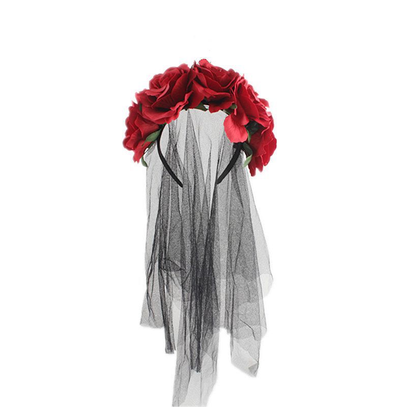 Halloween Headband Rose Flower Black Veil Witch