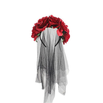 Halloween Headband Rose Flower Black Veil Witch