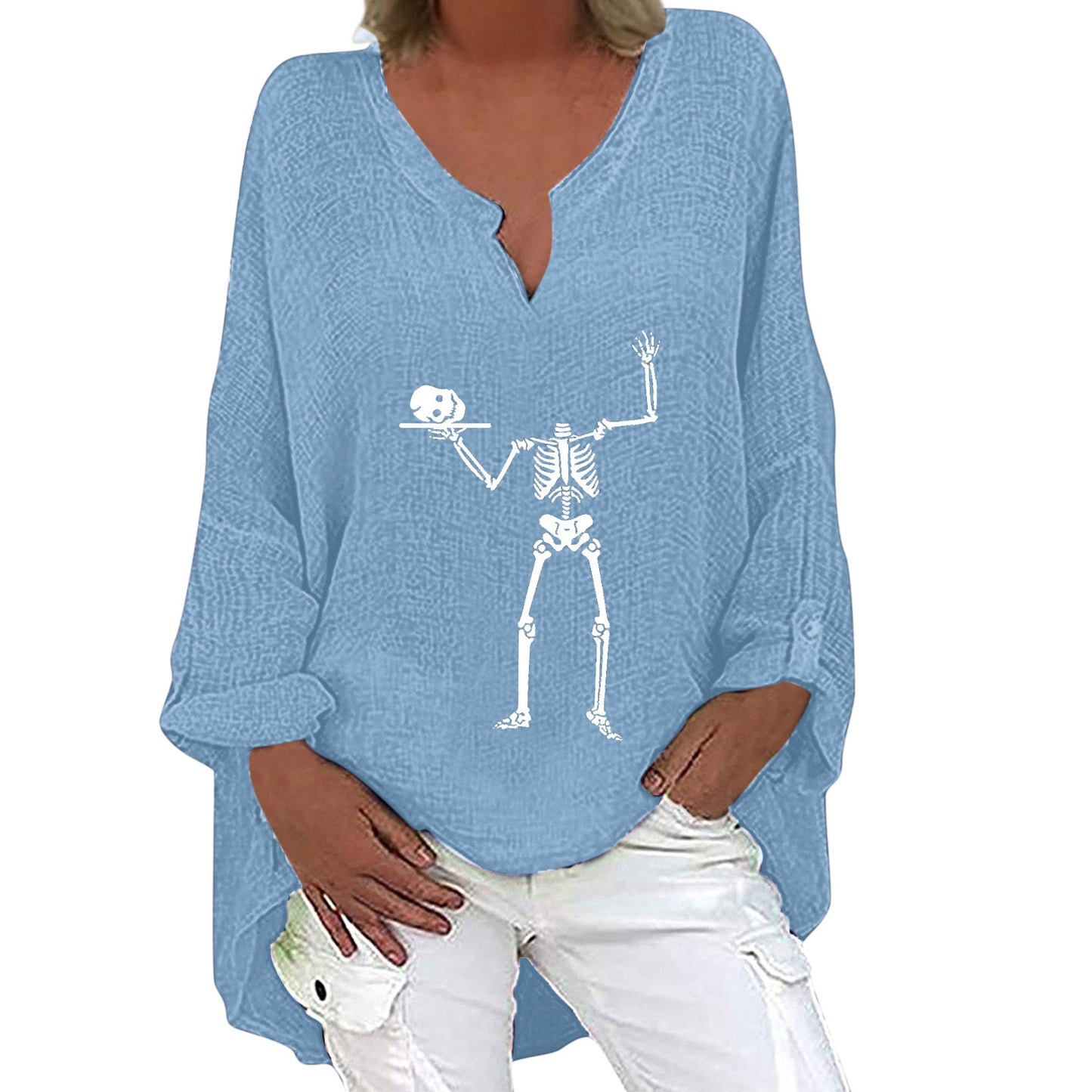 Halloween Themed Print V-neck Cotton Linen Long Sleeve Shirt For Women