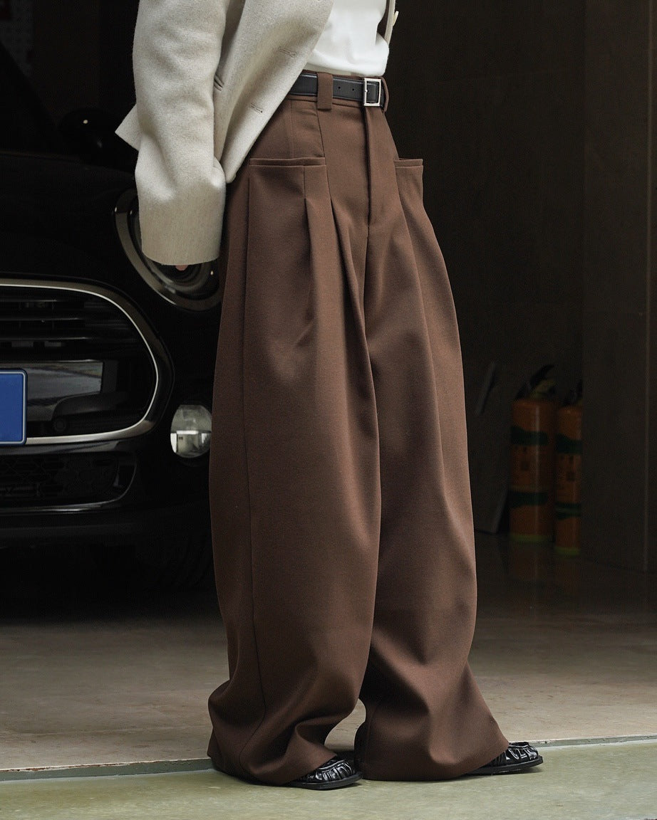 Korean Style Double Pleated Design Loose Casual Trousers Women