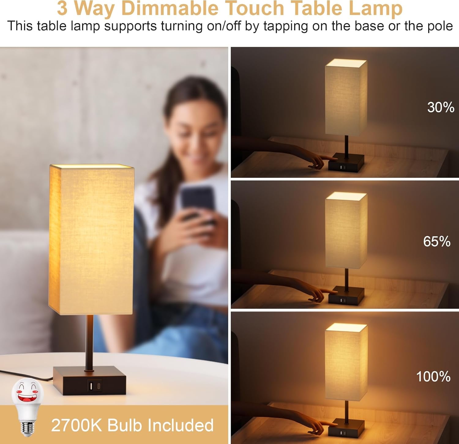 Bedside Lamps, Table Lamp with USB C+A Charging Ports, 3 Way Dimmable Touch Control, Small Nightstand Lamps for Bedroom, Home Decor, Living Room, LED Bulbs Included, Upgraded Beige