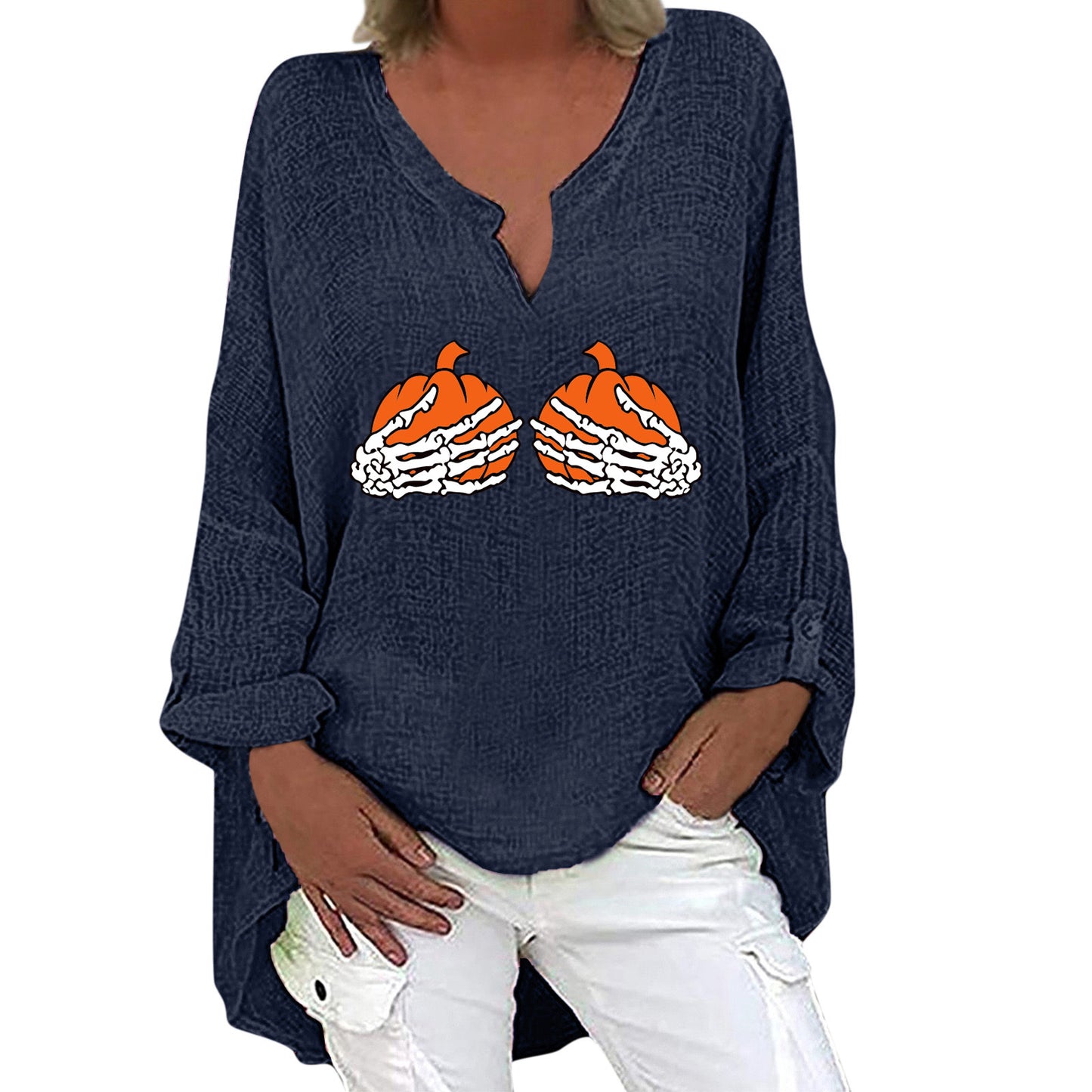 Halloween Themed Print V-neck Cotton Linen Long Sleeve Shirt For Women