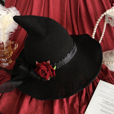 Lolita Velvet Witch Hat Halloween Wide Brim Rose Witch Hat