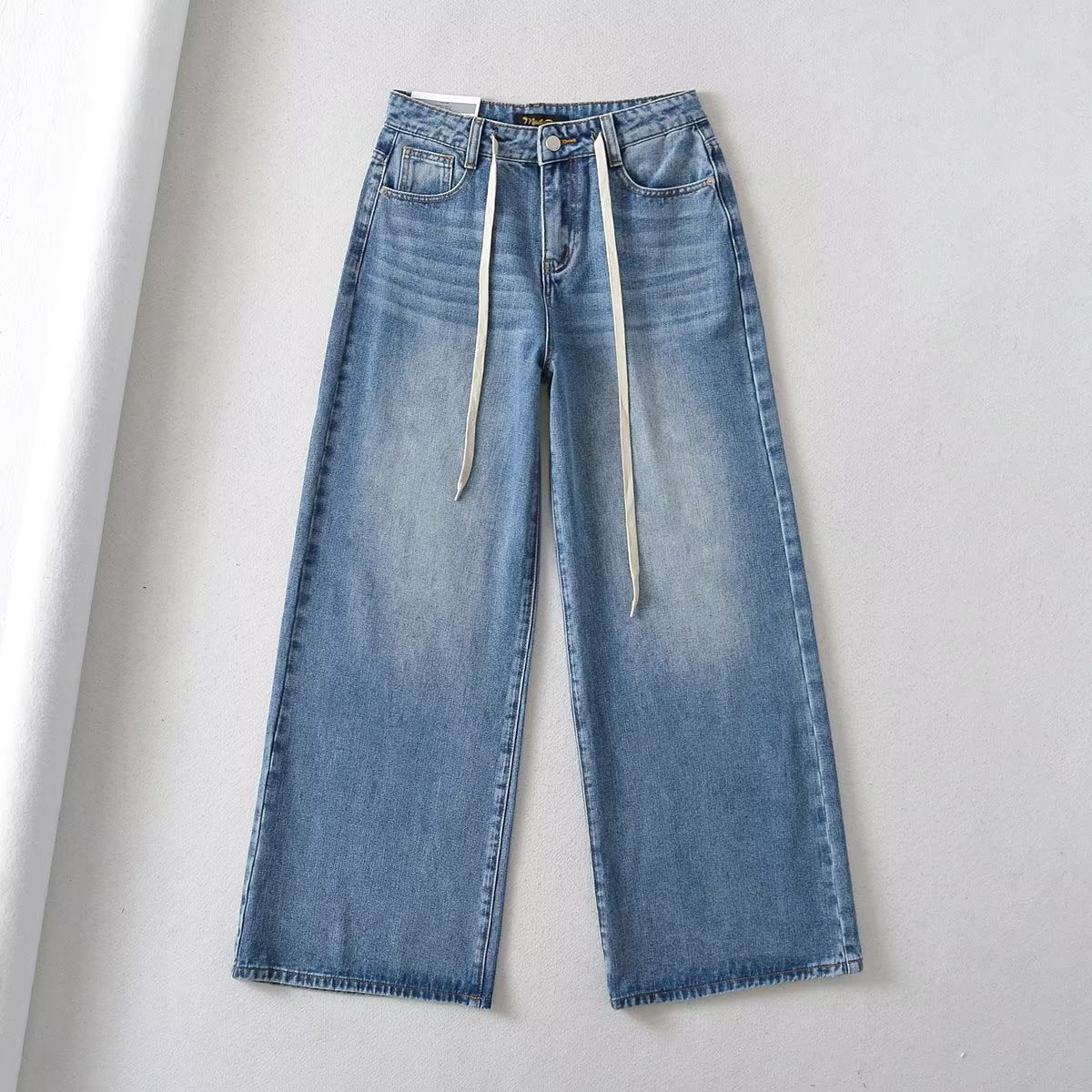 New High Waist Drawstring Ribbon Casual Loose Straight Jeans