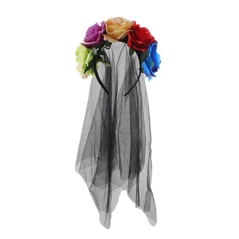 Halloween Headband Rose Flower Black Veil Witch