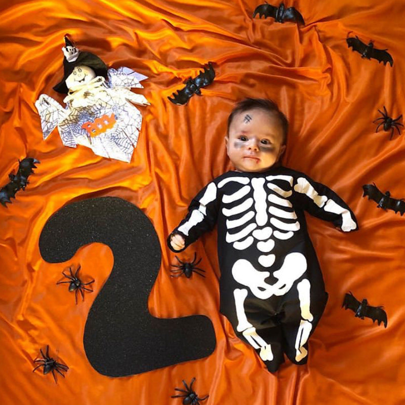 Long sleeve Halloween skull print one-piece romper