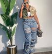 Women's High Waist Zipper Straight Ripped Jeans