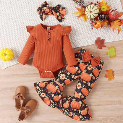 Halloween Autumn And Winter Infant Long-sleeve Jumpsuit Pumpkin Print Flared Pants Hair Band Girls' Suit