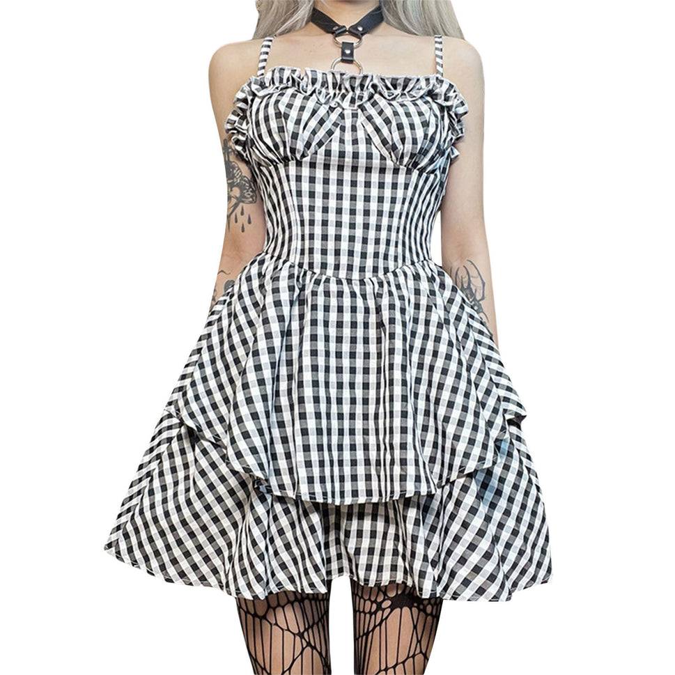 Summer Women's Clothing New Waist-tight Halloween Dark Plaid Sling Lace Puff Dress