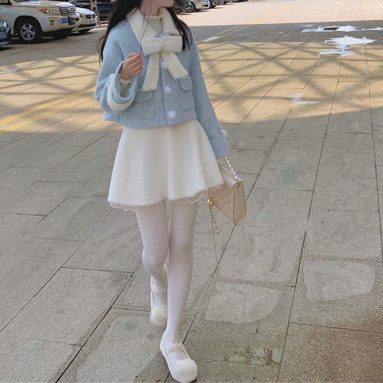 Cute Youth-looking Cute Furry Skirt Lace Stitching High Waist Slimming A- Line Skirt