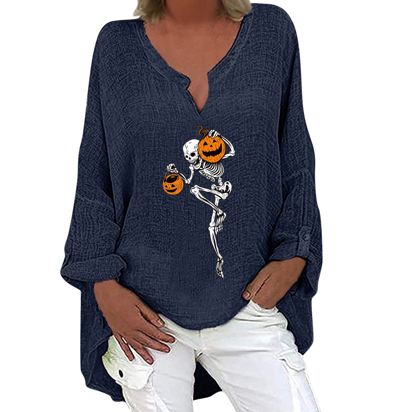 Halloween Themed Print V-neck Cotton Linen Long Sleeve Shirt For Women