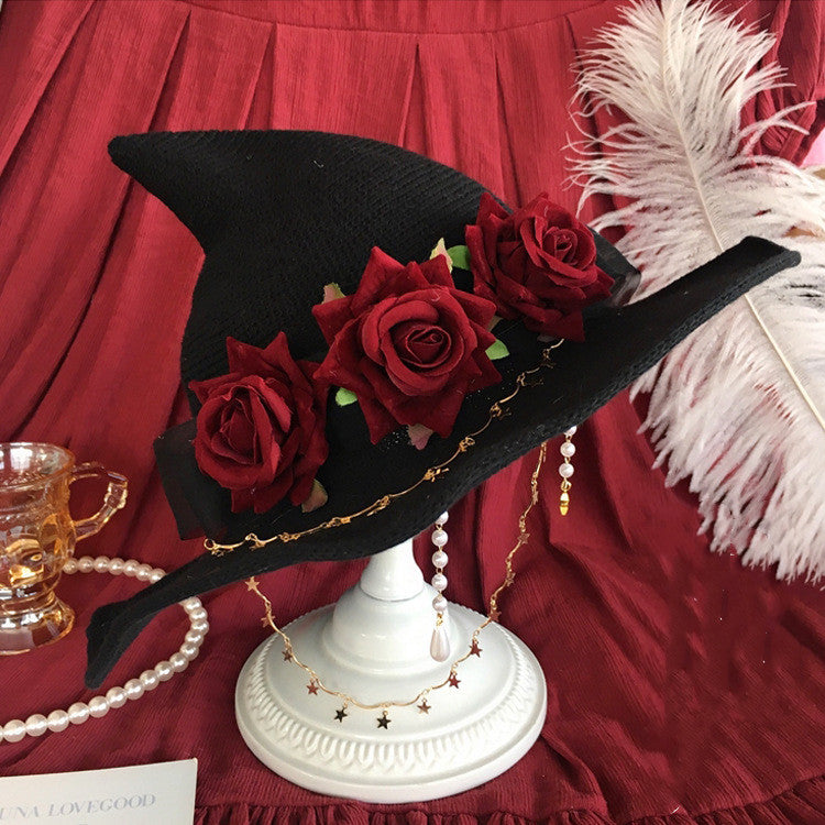 Lolita Velvet Witch Hat Halloween Wide Brim Rose Witch Hat