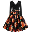 Halloween Burnt Flower V-neck Long-sleeved Sexy Print Big Swing Dress