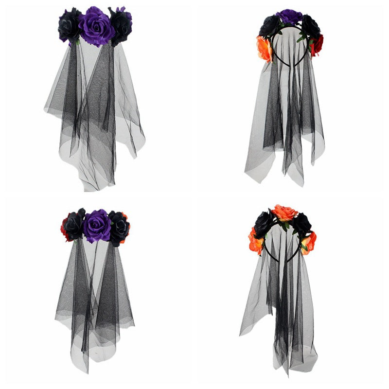 Halloween Headband Rose Flower Black Veil Witch