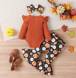 Halloween Autumn And Winter Infant Long-sleeve Jumpsuit Pumpkin Print Flared Pants Hair Band Girls' Suit