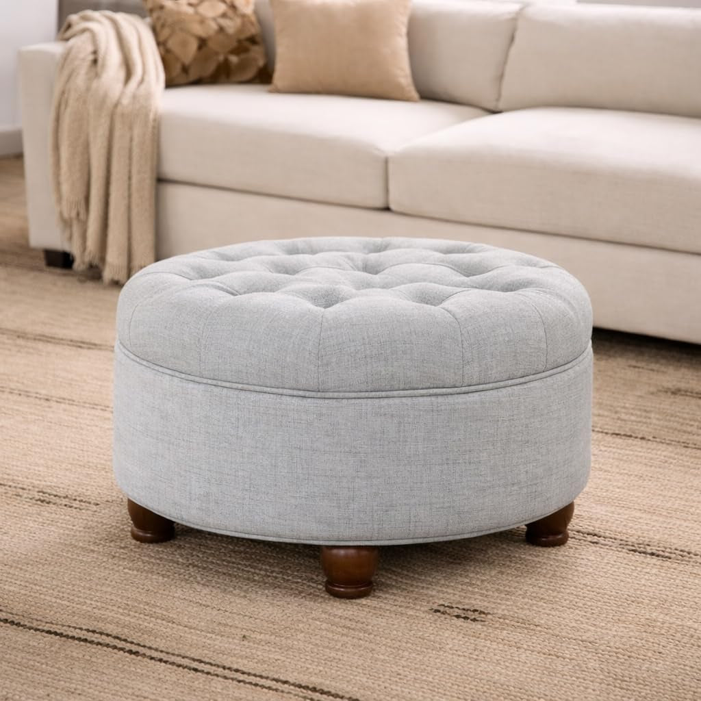 Home Decor | Button Tufted Woven round Storage Ottoman | Ottoman with Storage for Living Room & Bedroom (Light Blue)