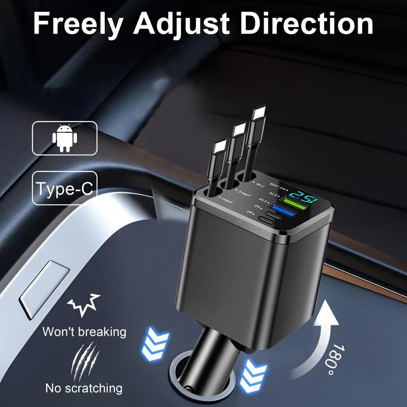 Nuokaiqi Car 8-In-1 Fast Charger with 3 Retractable Cables, 180° Direction Adjustment, LED Display, Compact Design, Premium Materials, Ideal for Road Trips