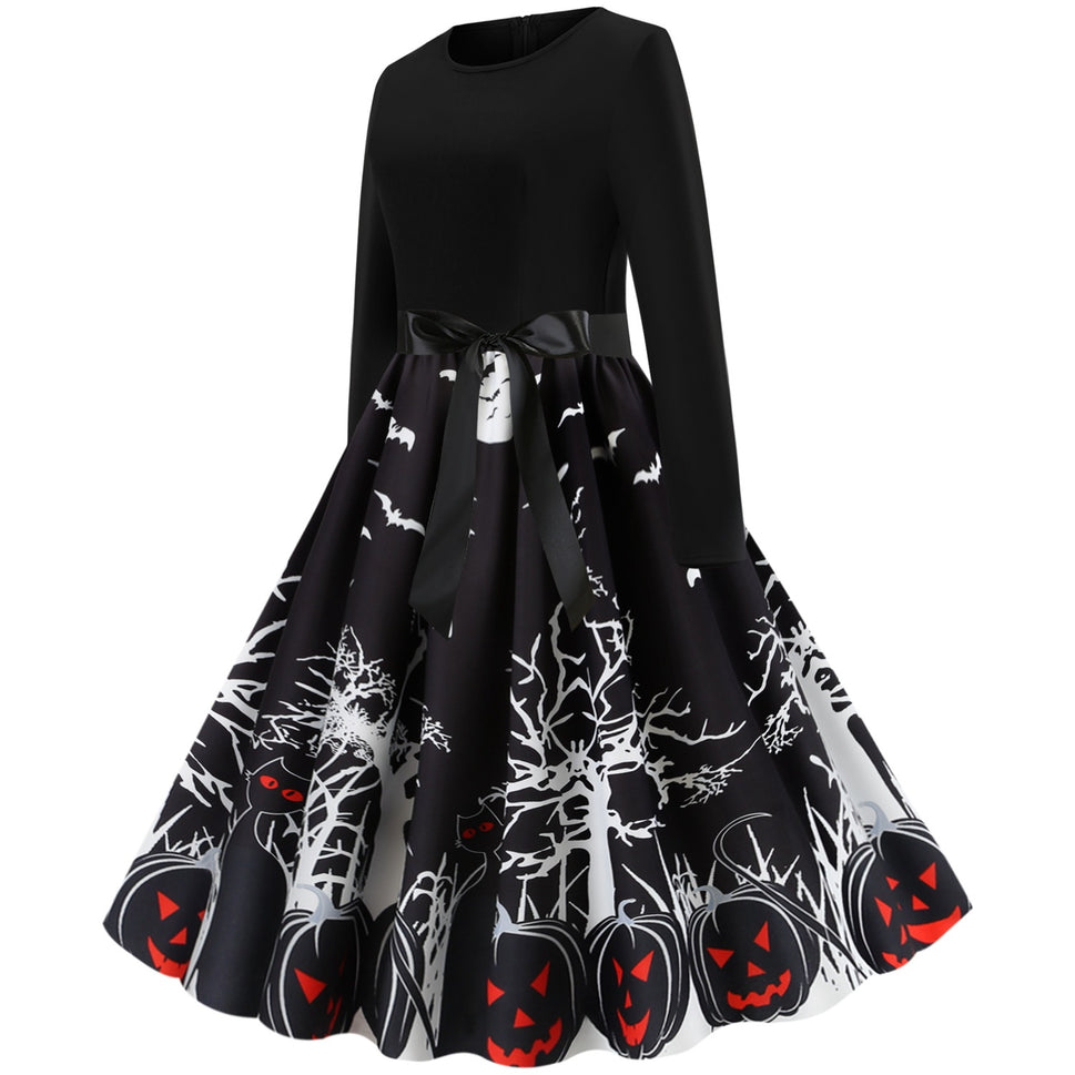 Halloween Retro Floral Print Swing Dress