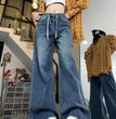 High Waist Loose American Retro Drawstring Design Jeans