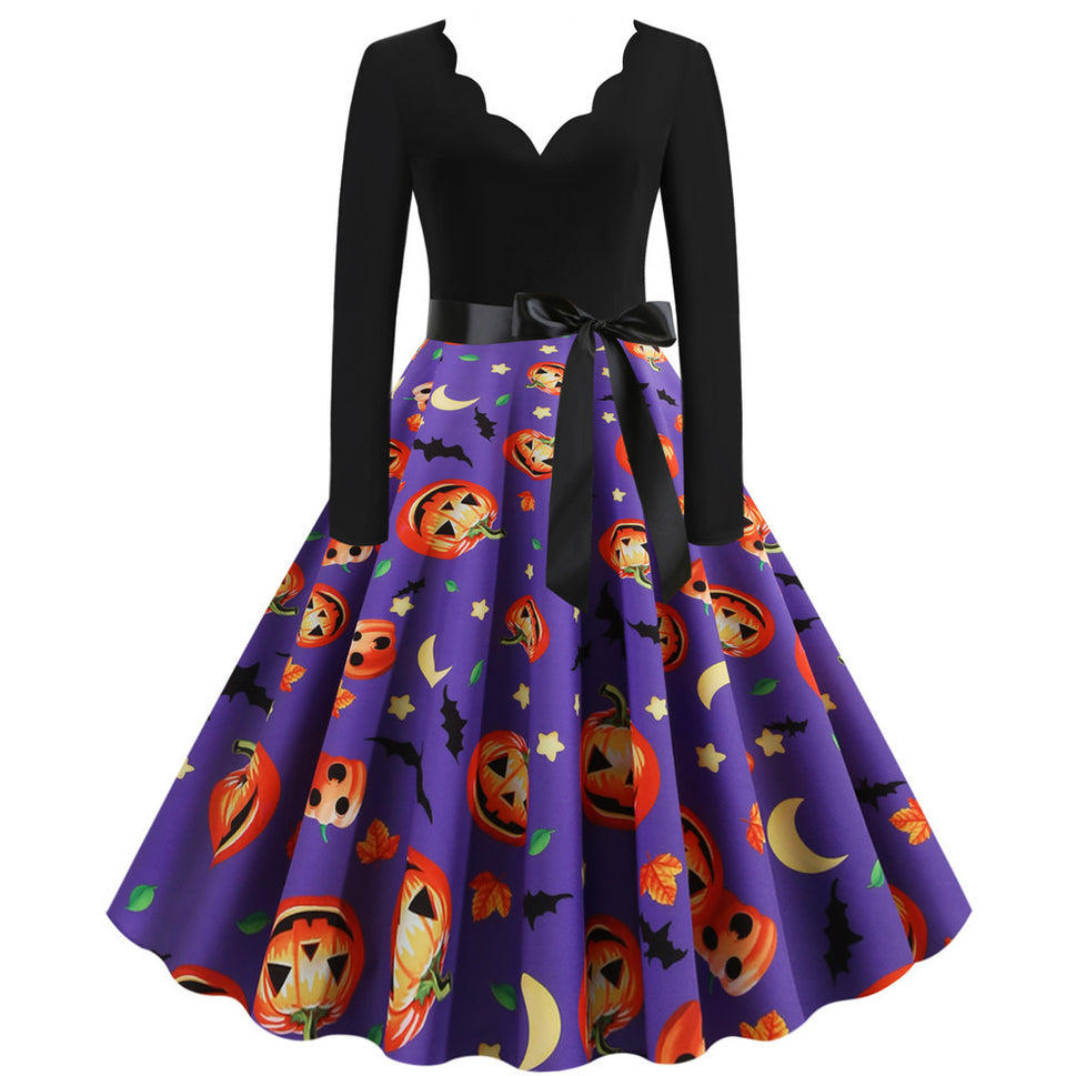 Halloween Burnt Flower V-neck Long-sleeved Sexy Print Big Swing Dress