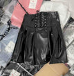 Black High Waist Small Leather Skirt Women's Cinched Pleated Split Skirt