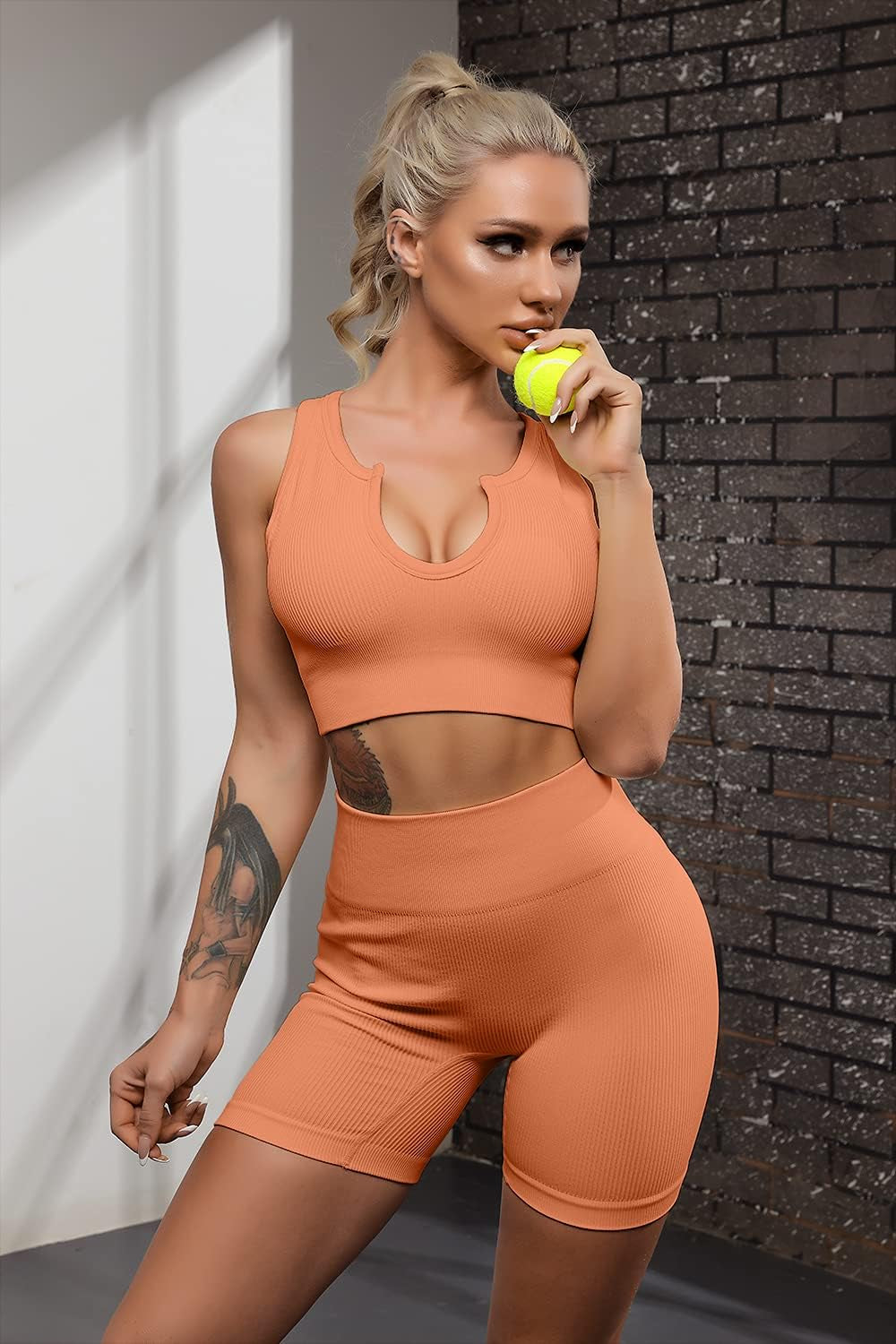 FAFOFA Seamless Workout Sets Cropped Tank Tops for Women Ribbed 2 Piece Yoga Outfits Active Booty Shorts Light Orange S
