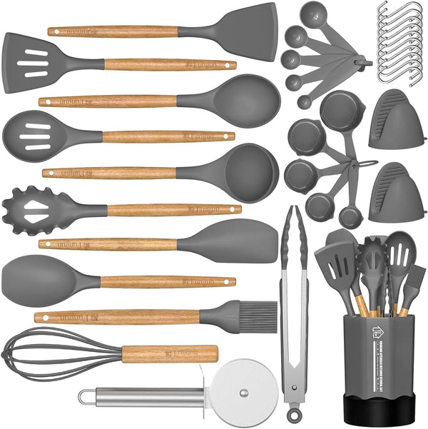 35-Piece Silicone Utensil Set with Wooden Handles