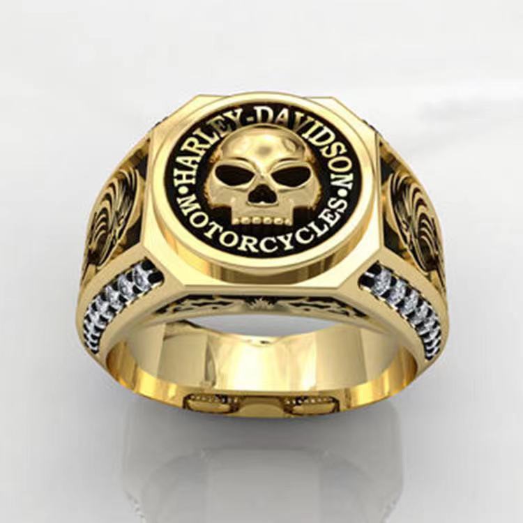 Letter-Embedded Rhinestone Skull Stripe Ring